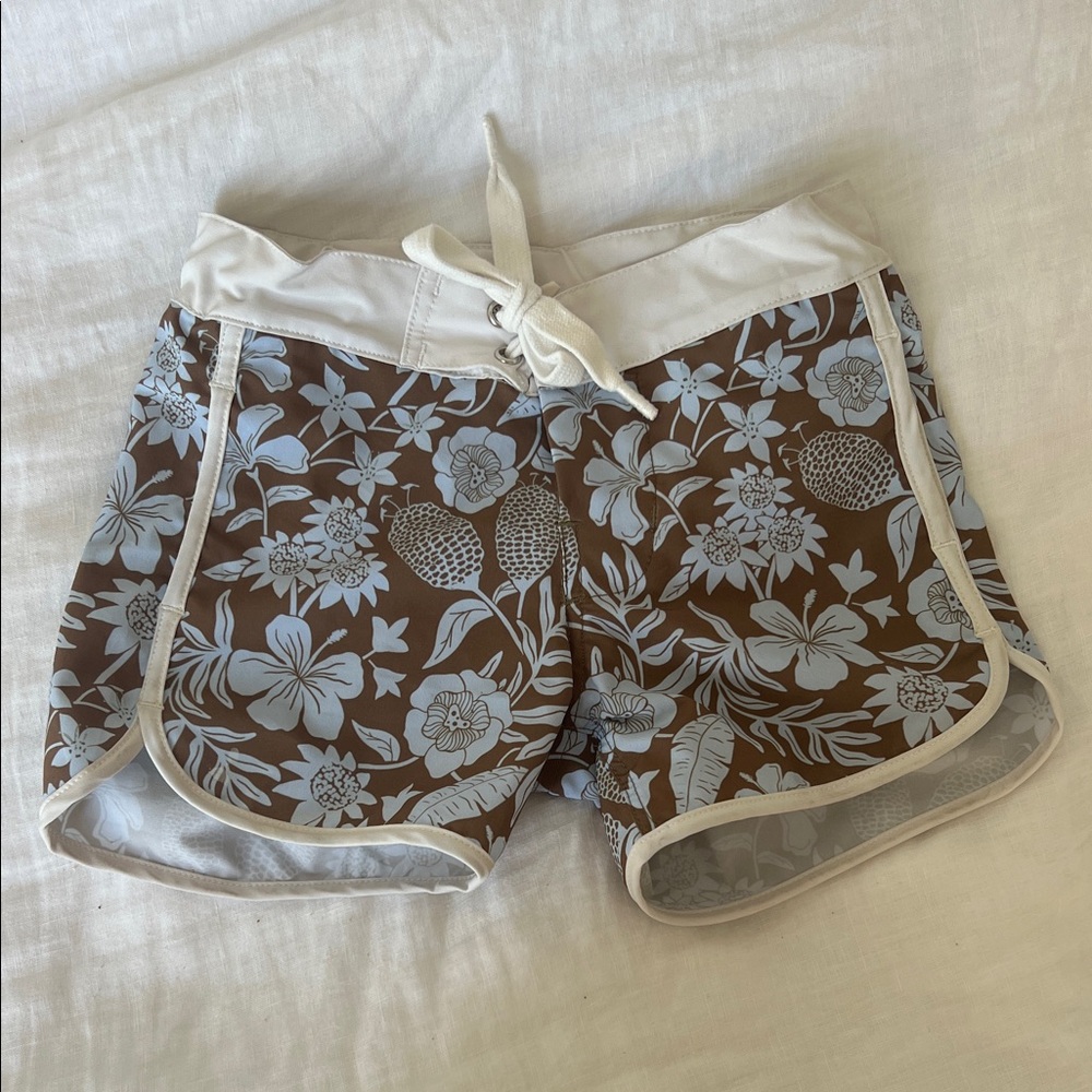 Acacia Swimwear Brown and White Floral Kids Swim Trunks